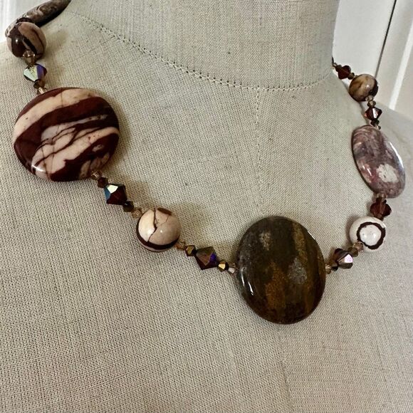 Brecciated Jasper Sterling Silver & Crystal Beaded Necklace - Picture 2 of 13